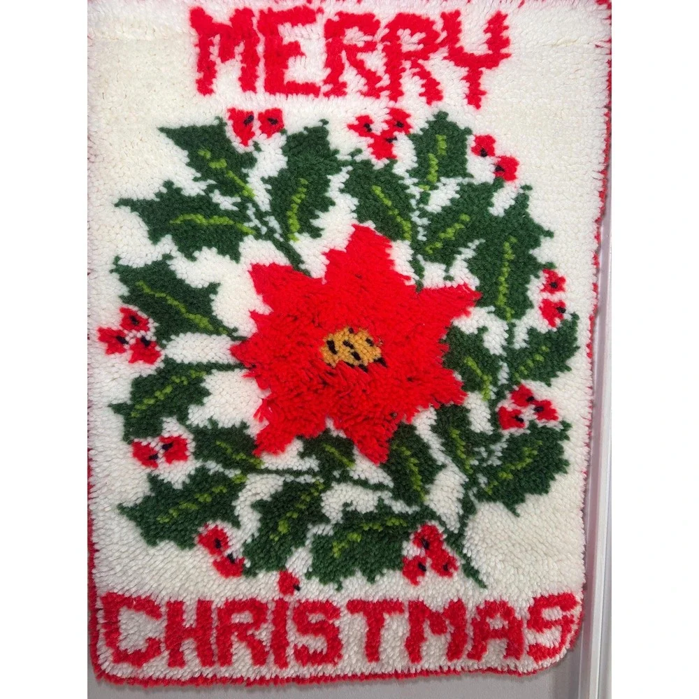 Vintage Cristmas Latch Hook Wall Hanging Merry Christmas Poinsettia Handmade